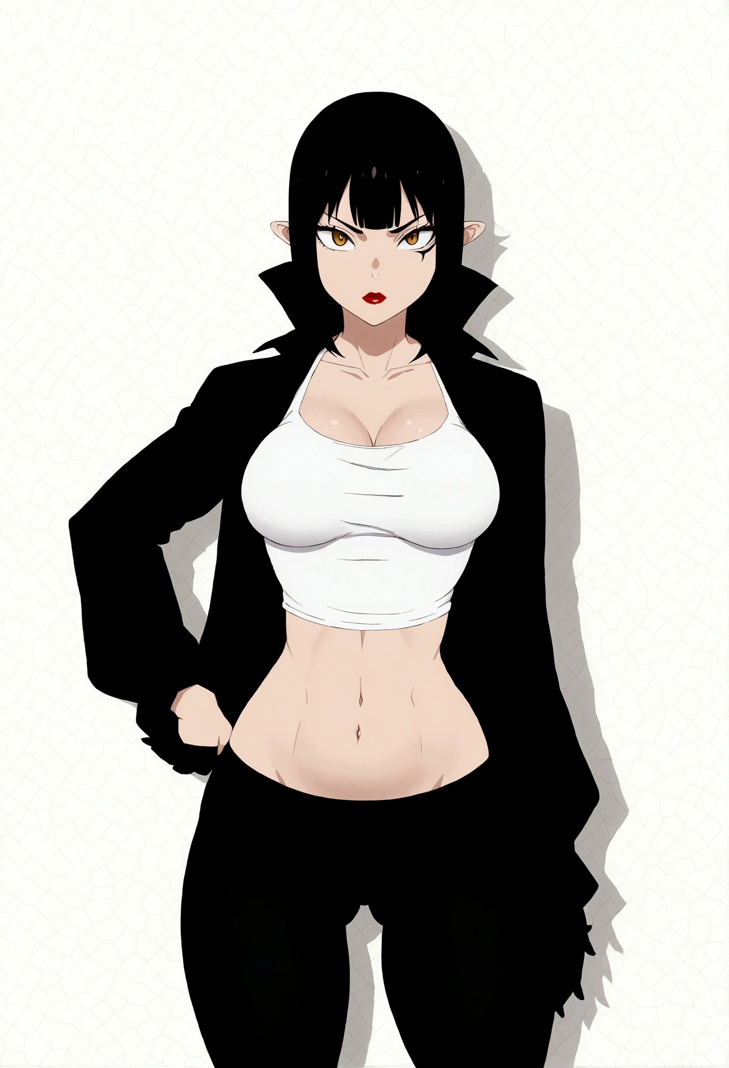 cabelo colorido, cabelo branco e preto colorido 1 girl, cabelo em dois tons, preto por cima, branco na parte inferior 1 gilr, ,perfect anatomy girl muscular girl toned body girl large breasts girl thick girl angry girl best quality girl black hair girl olhos amarelos girl pale girl pale girl,lindo woman brunette, muscular, usando leggings curtas com, Meias pretas, cabelo curto, lindo eyes, lindo, olhos amarelos, camisa branca, jaqueta de couro preta, shorts, legging branca curta, beco escuro cidade meia-calça preta, cabelo em dois tons, preto por cima, branco na parte inferior