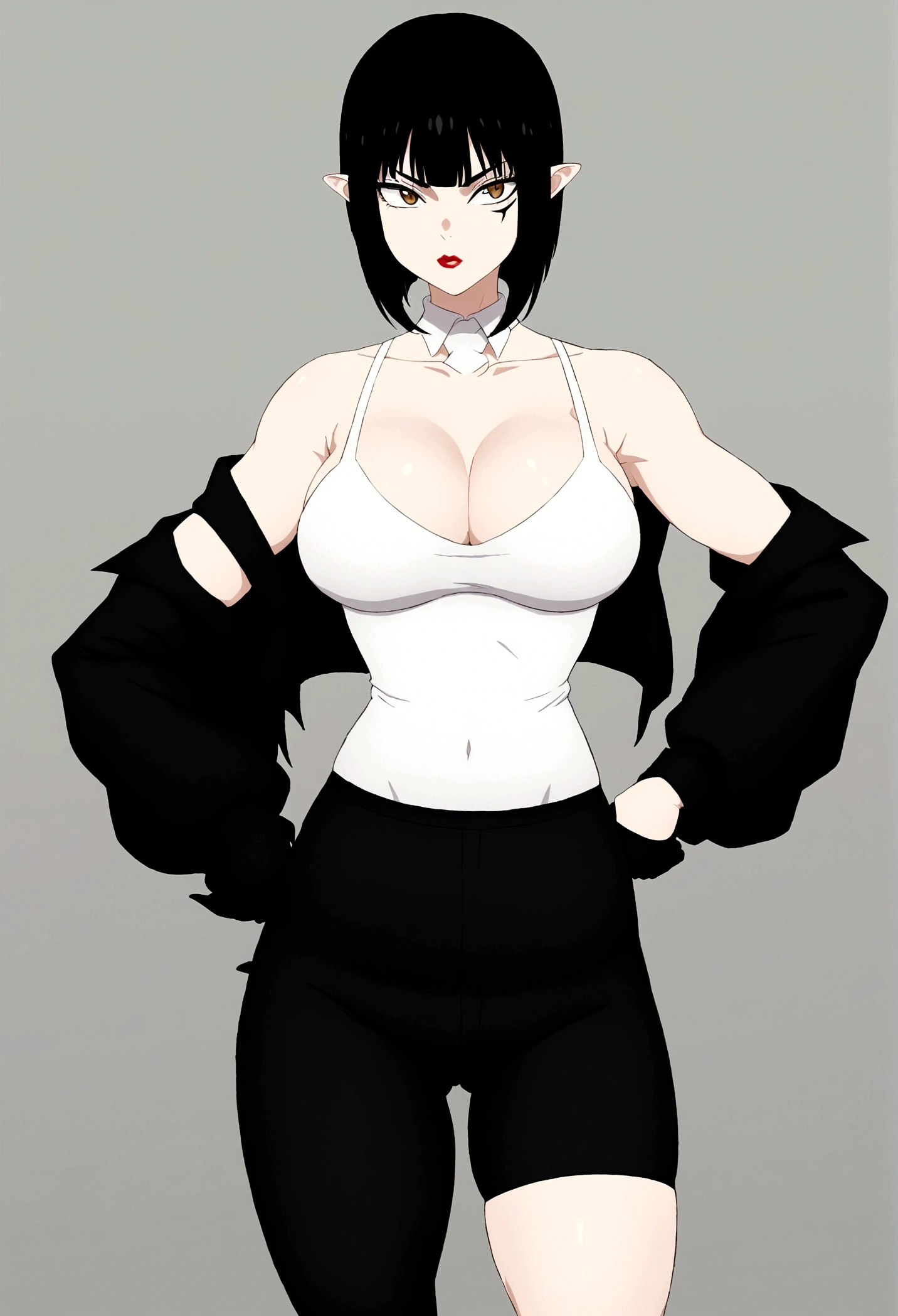 cabelo colorido, cabelo branco e preto colorido 1 girl, cabelo em dois tons, preto por cima, branco na parte inferior 1 gilr, ,perfect anatomy girl muscular girl toned body girl large breasts girl thick girl angry girl best quality girl black hair girl olhos amarelos girl pale girl pale girl,lindo woman brunette, muscular, usando leggings curtas com, Meias pretas, cabelo curto, lindo eyes, lindo, olhos amarelos, camisa branca, jaqueta de couro preta, shorts, legging branca curta, beco escuro cidade meia-calça preta, cabelo em dois tons, preto por cima, branco na parte inferior