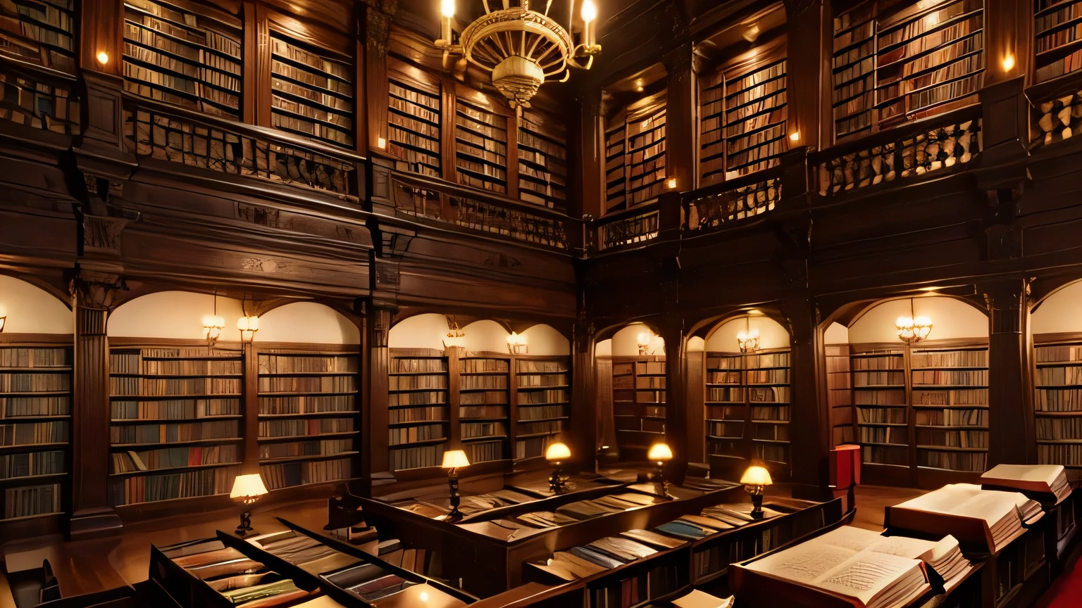 Very large room,(High ceilings:1.4)Wall-to-wall bookshelves,(Books scattered all over the place:1.2),dim,Candlelight,Old Library