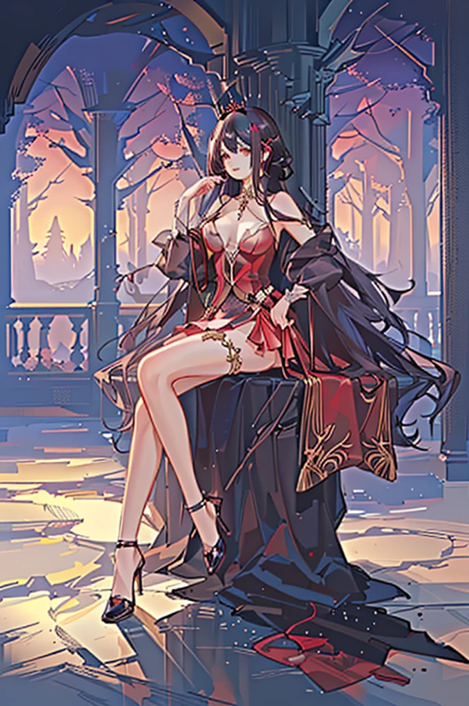(very delicate, Masterpiece, Excellent lighting and shadows, HD wallpaper 8K), woman, 22 years old, princess, black hair, red, straight hair, Floor-length, ดวงตาสีred, big round, plump lips, Pink cheeks, big breasts, wide hips, ชุดสีred, evening dress, golden crown, In the middle of the forest, sit