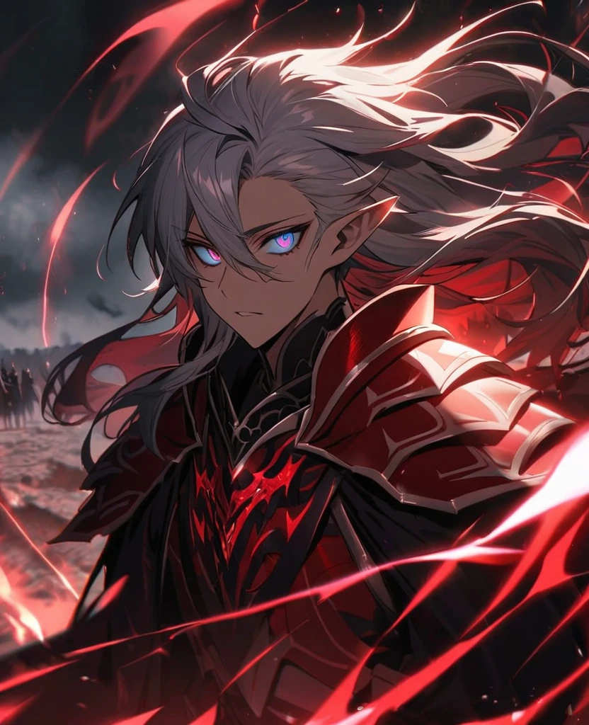 Male,5'4,pierced pointy ears,light skin,red and blue (hetrocromia) eyes, white long hair with red highlights half up half down,red and white armour ,dark magic,on a battlefield with darkness in his eyes as a dark magic aura surrounds him
