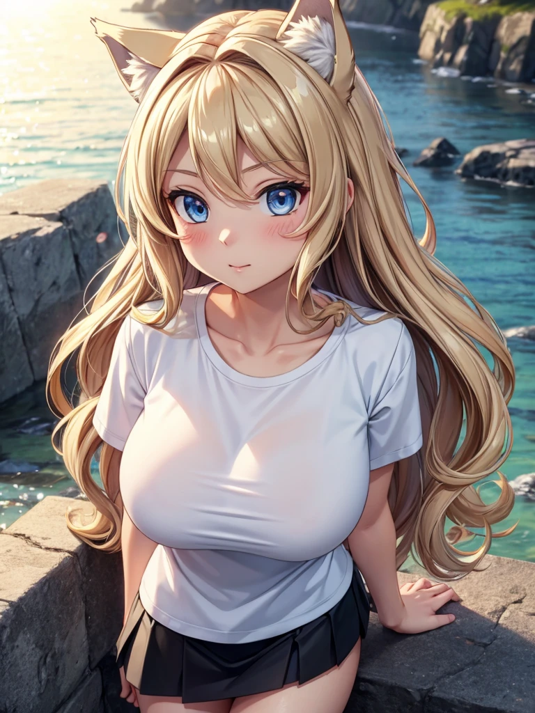 masterpiece, Highest quality, Wolf Girl, elegant, One girl, Wolf Ear, Wolf's tail, cute, Blushed, View your viewers, From above, Blonde wavy hair, mini skirt, black and white striped t-shirt, blue eyes, Beautiful Eyes, Beautiful background, Particles of light, Light of the sun, Dramatic lighting, outside, Shiny, Realistic, masterpiece, Highest quality, ultra-detailed, detailed, scenery, beautiful detailed eyes, detailed hair