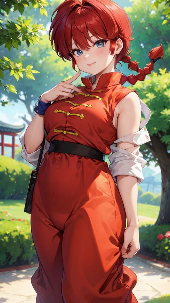 bottom less,((masterpiece)), expensive quality, very_expensive_solve, big_file size, Full Color, Thick outline, Clear contours, colorful, (Beautiful attention to detail), (Beautiful Face:1.3), Boyish face, 1 Girl, (Ranma), (Redhead), short hair, (Braided Ponytail), ((bangs)), bumpy bangs, Blue-gray eyes, Curvy, Black Wristband, Ranma, Braided Ponytail, Chinese clothing, No sleeve, Tangzhuang, Are standing, pubic hair、Smile