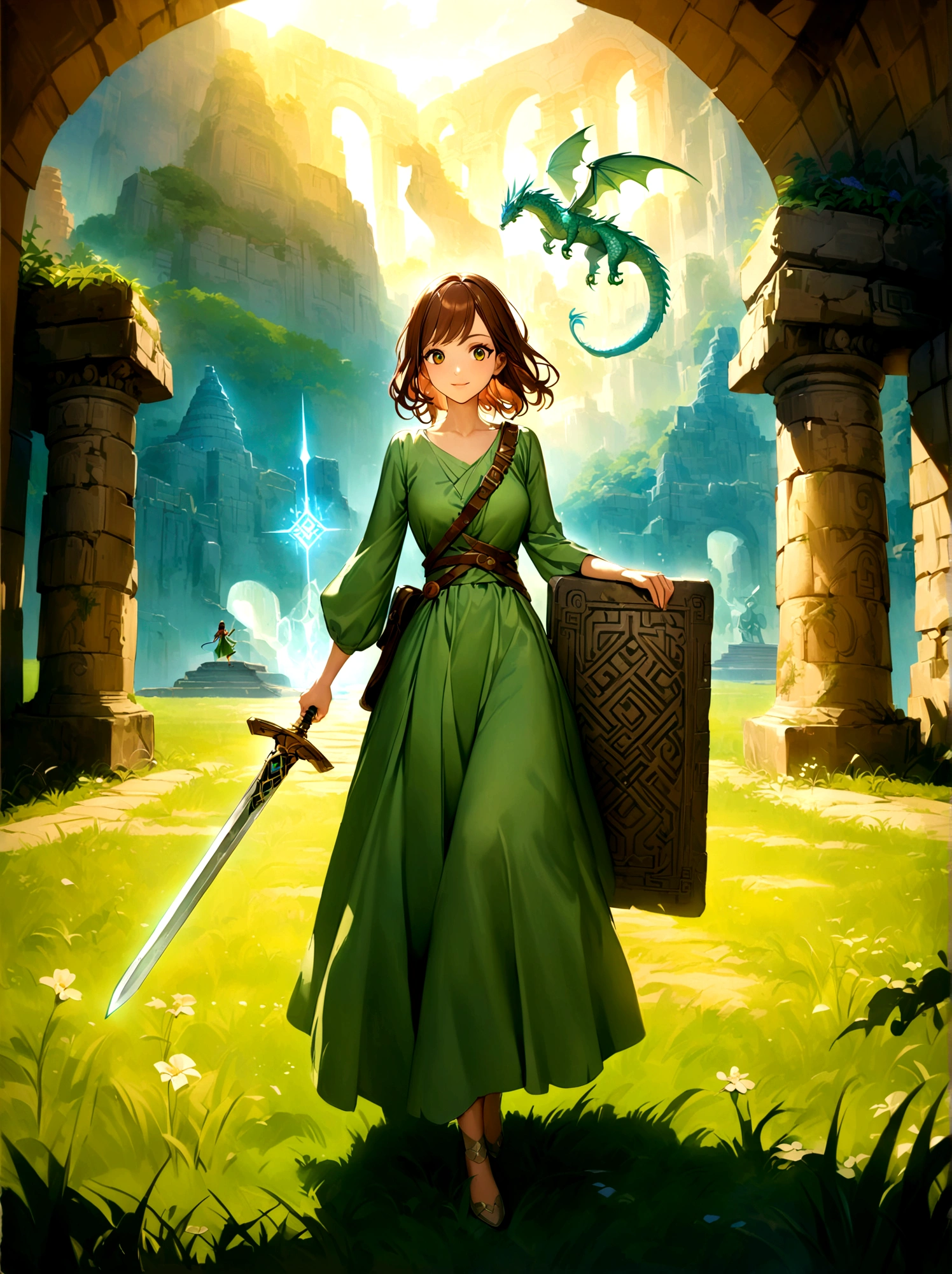 Adventurer princess, (green dress:1.2), short brown hair, big eyes, smiling, holding sword and shield, ancient temple, mysterious maze, mysterious runes, old stone tablet, green grass, (flowers:1.1), magical elements, flying dragon, mysterious creatures, charming scenery, dynamic battle, dreamy atmosphere, outdoor, rich colors, epic scene, fine and delicate light and shadow, evening, sunny, full body, from above, nice hands, perfect hands, 8k, Best quality, photorealistic