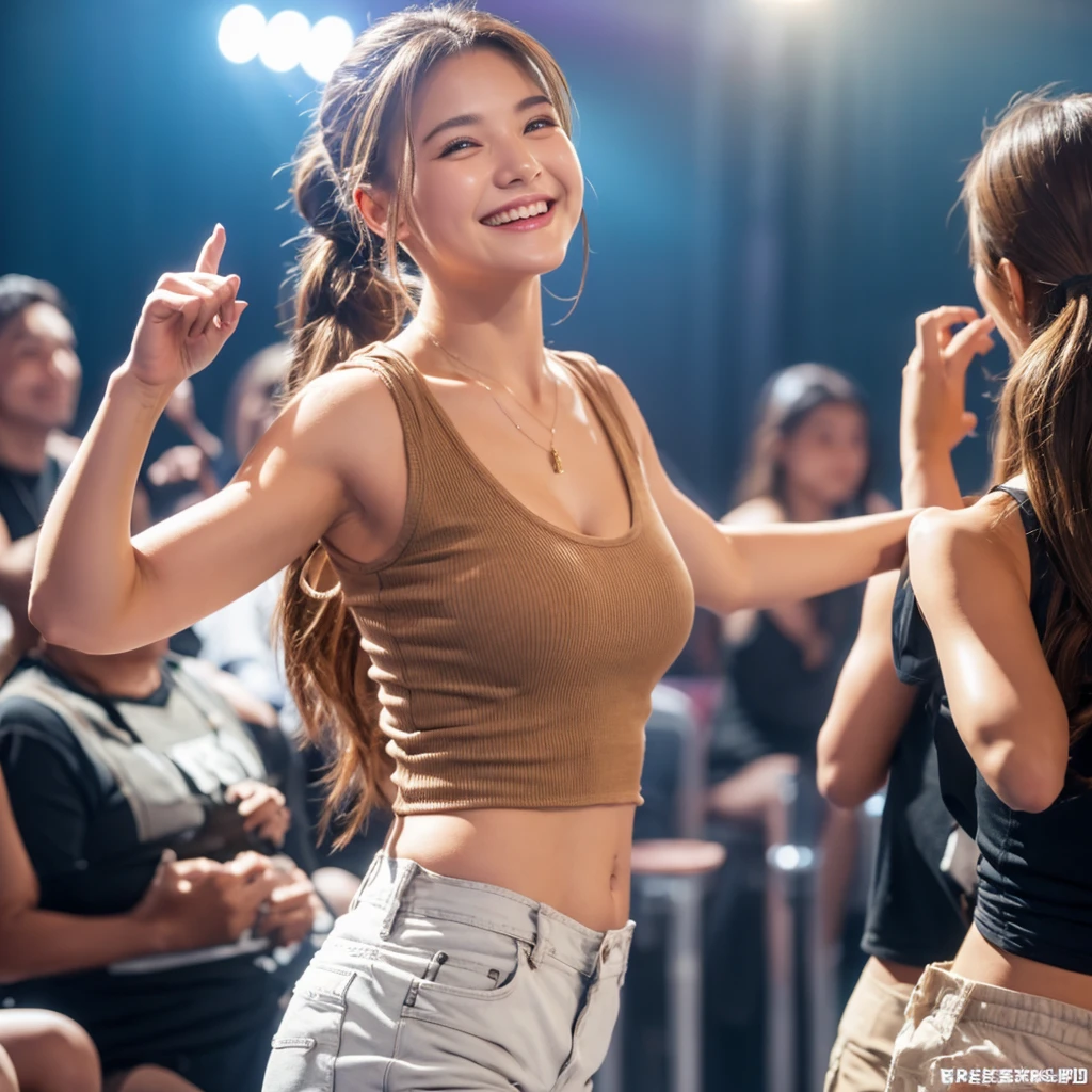 1 beautiful girl，white skin，brown hair，shorts，looking at the audience，Ponytail，cafe，brown eyes，realistic，curved posture，biggest，big smile，low bust