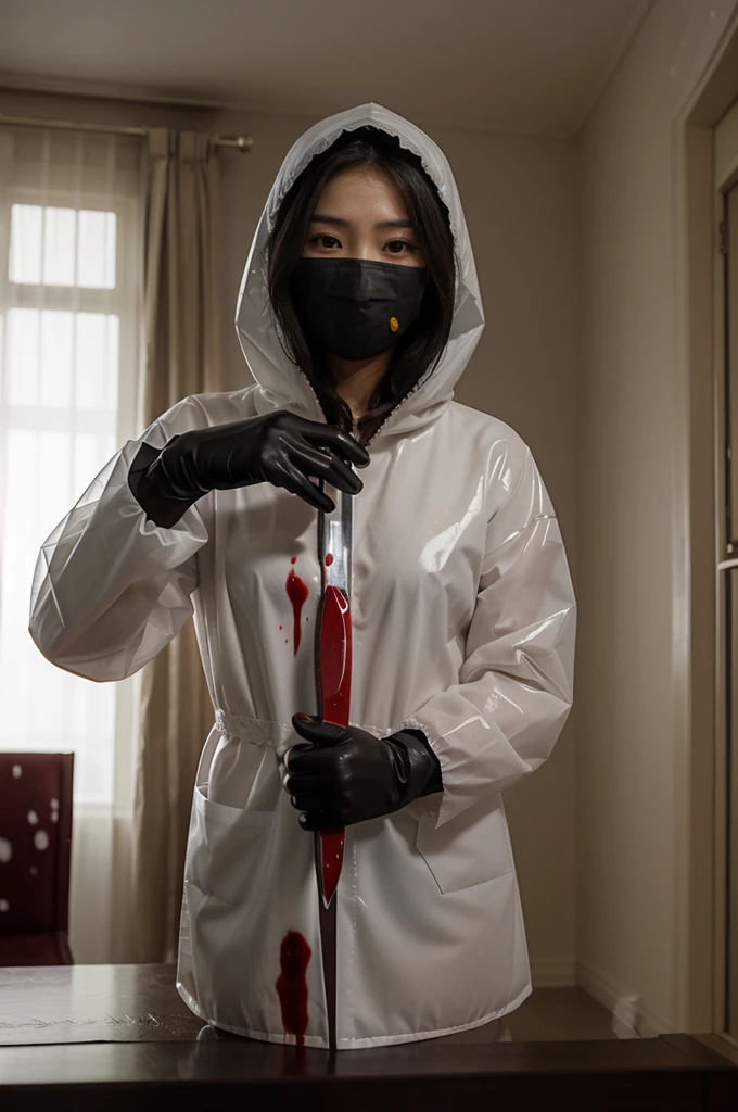 korean girl, (behind ??????, surgical mask), blood splatter, holding knife, stabbing, black gloves, room ?????????????, transparent raincoat, hood up, holding knife, gloves, behind ??????, short hair, night, mass murderer, robbery, in the hotel,
