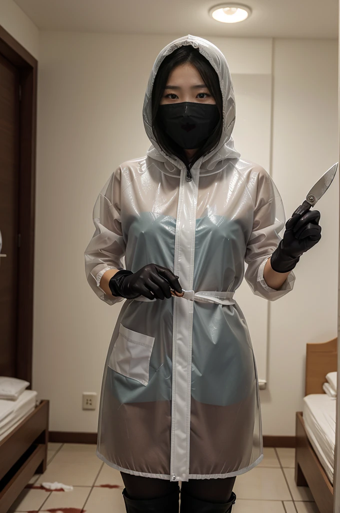 korean girl, (behind corpse, surgical mask), blood splatter, holding knife, stabbing, black gloves, room full of blood, transparent raincoat, hood up, holding knife, gloves, behind corpse, short hair, night, mass murderer, robbery, in the hotel,