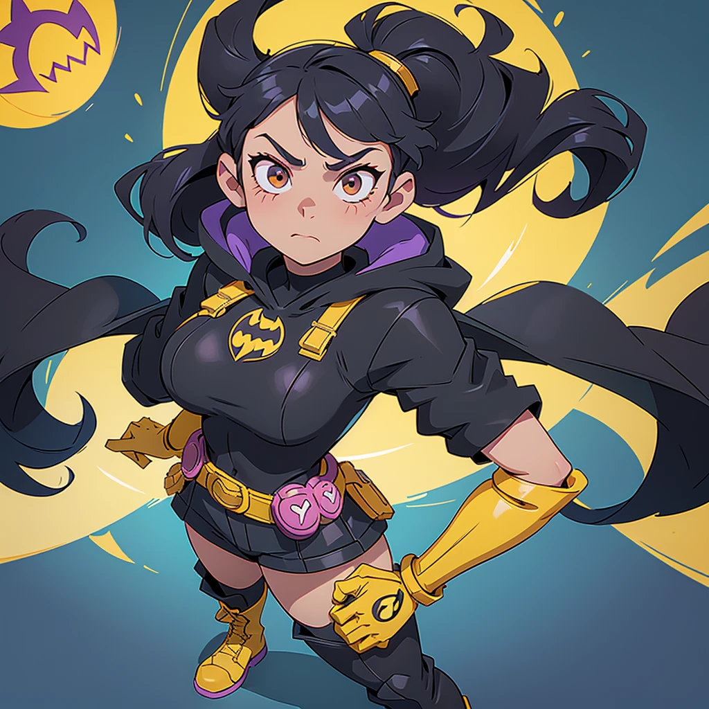 Disney 2D animation style fanart featuring Batgirl in the "Batgirl of Burnside" version: appearance of an 18 year old young adult. She wears a black mask covering the upper part of her face and head, leaving her hair loose in the red vortex below the mask. She wears a shorter black cape with yellow lining. Her outfit is purple with a yellow bat on her chest. It has a yellow utility belt with a more casual and modern design. His gloves and boots are yellow and resemble combat boots.