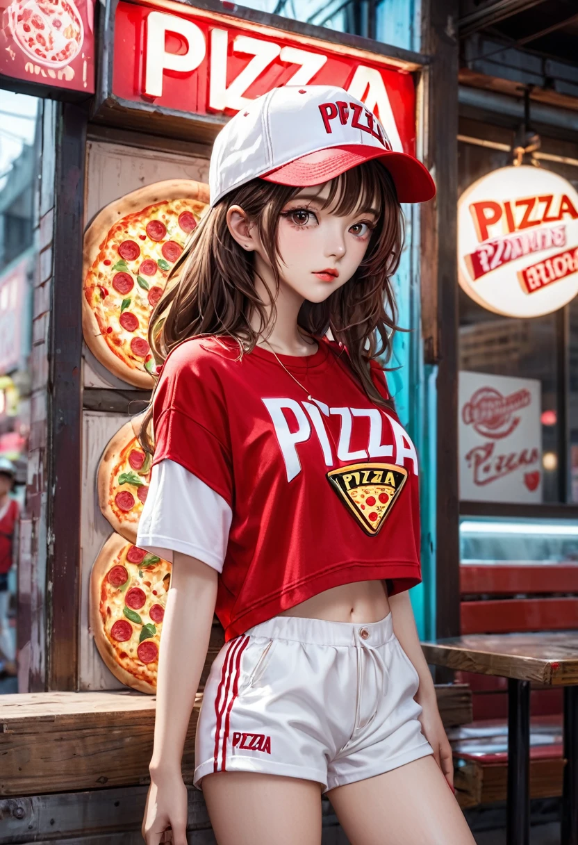 Complex、Very detailed、whole body、Brown medium-long hair、Wear a red and white baseball cap、Wear a red and white cropped jumper、Wearing a white tank top、Wear white shorts、Wear brown short boots、Leaning on a neon sign that says &quot;Pizza&quot;、Female Android