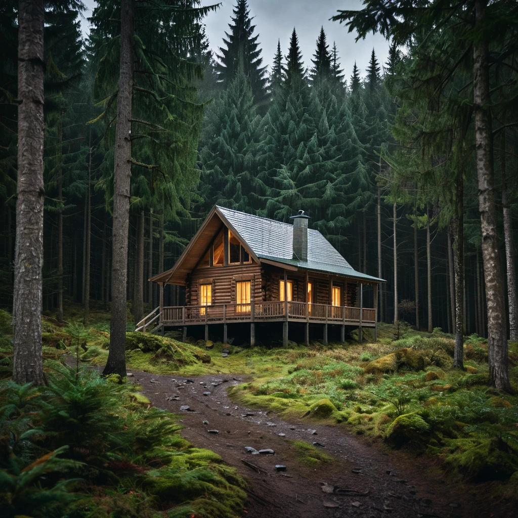 a secluded wooden cabin on a gloomy day in the middle of the forest