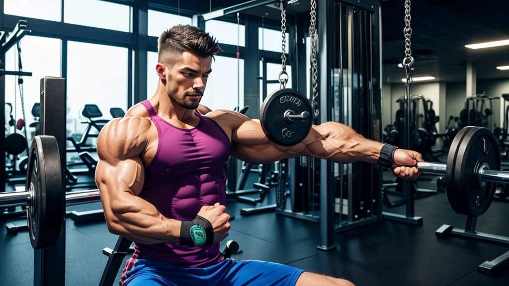 Image of a muscular man performing triceps curls on pulley, with emphasis on triceps, in a modern gym with vibrant background. The expression of effort must be visible, highlighting the muscle definition of the triceps. Vibrant colors and dramatic lighting to highlight muscles.