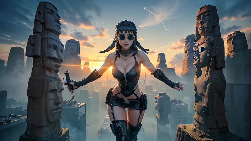 At night, dark sky, aerial view of fantasy cyberpunk style ((Moai-statue)) city, ((flying vehicle)). ((1girl, solo, alone)), photo realistic, medium-breast:1.1 slim body, cleavage, sexy clothes, (black sunglasses), (((hip-up standing and pistol aiming pose))), half-body thigh level medium shot, cinematic lighting.