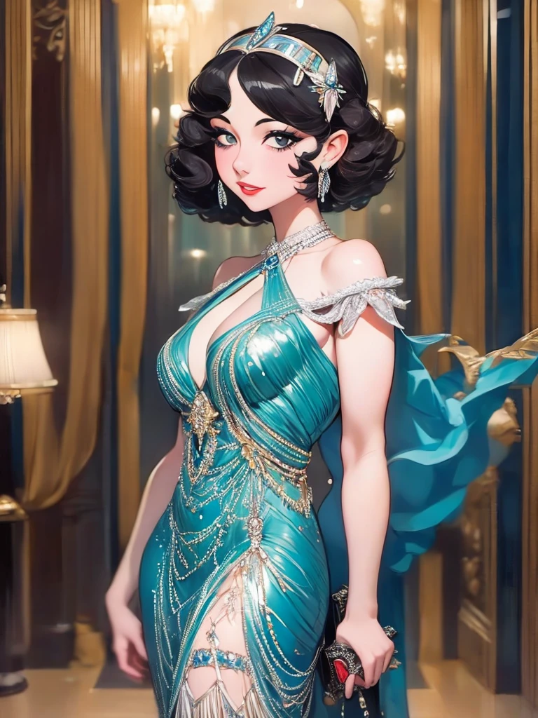 araffe woman in a flapper dress , a portrait inspired by Harrison Fisher, trending on cg society, art deco, 1920s vibes, wearing 1 9 2 0 s cloth hair, 1 9 2 0 s cloth style, 1 9 2 0 s style, 1920s style, wearing 1 9 2 0 s fashion