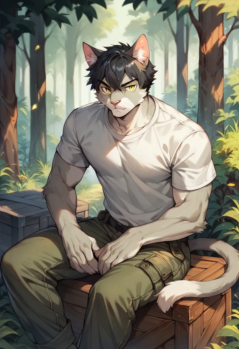 by jijis-waifus,(by pgm300:0.5),best quality,masterpiece,forest,crate,sitting,solo,adult,muscular male,male,cat,feline,short hair,black hair,yellow eyes,gray body,cargo pants,shirt