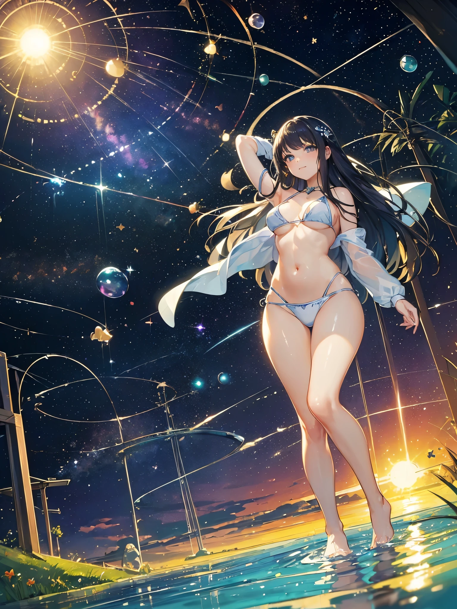 ((masterpiece, best quality:1.3)), High Definition, 8k wallpaper, dreamy, otherworld, galaxy, [1sexy girl:1.2], (beautiful face, soft smiling), (Straight Hair, Straight bangs), Looking into the distance, (Sexy Bikini, No Clothes), light leaks, reflected in water under a sunset, 