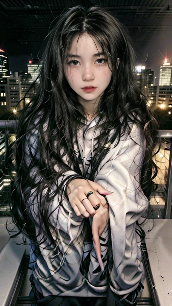 1 woman, wide shot camera angle, bright long medium hair, wearing a graphic hoodie and casual pants, casually leaning on a guardrail, excluding a relaxed and contemplative demeanor, against a backdrop of a sprawling urban skyline with high-rise buildings and a hazy atmosphere, (perfect hands), (perfect fingers), hand on back