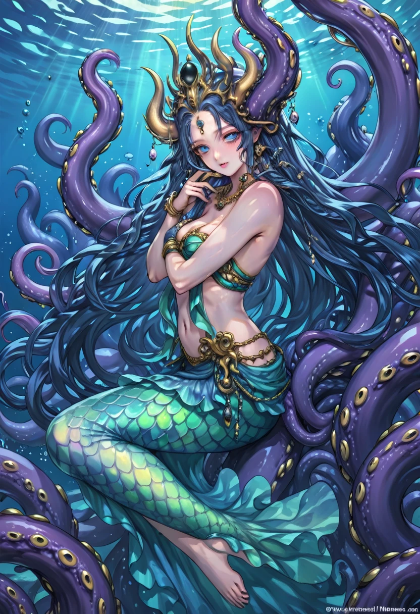 [translucent:opal:0.5], Reflective Transparent Opaque See-through Sarong, krakens, Long hair, 白色Long hair，Mermaid,Sister type,Mature women, Goddess of the sea, Ocean Goddess，Tentacles, Full face blush, Intricate details, light, excellent quality, Amazing shadows, Detailed description, Official Artwork, wallpaper, Official Art, Extremely detailed eyes and face, Beautiful and delicate eyes, black eyes, ((masterpiece, best quality)), from the side, whole body, Hook of Holland, Umbilical cord