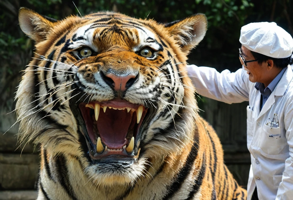 Thai scientists show off their work in breeding enormous tigers. There were large, curved fangs coming out of the mouth.