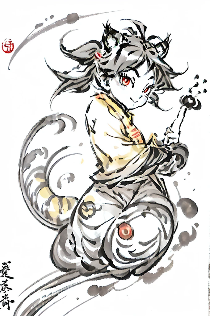 wince, solid circle eyes, fake animal ears, light smile, Surrealism, drop shadow, anaglyph, stereogram, tachi-e, pov, atmospheric perspective, 8k, super detail, ccurate, best quality,Tiger Tooth,Tiger Tail,ancient China's splendor,Etched Relief