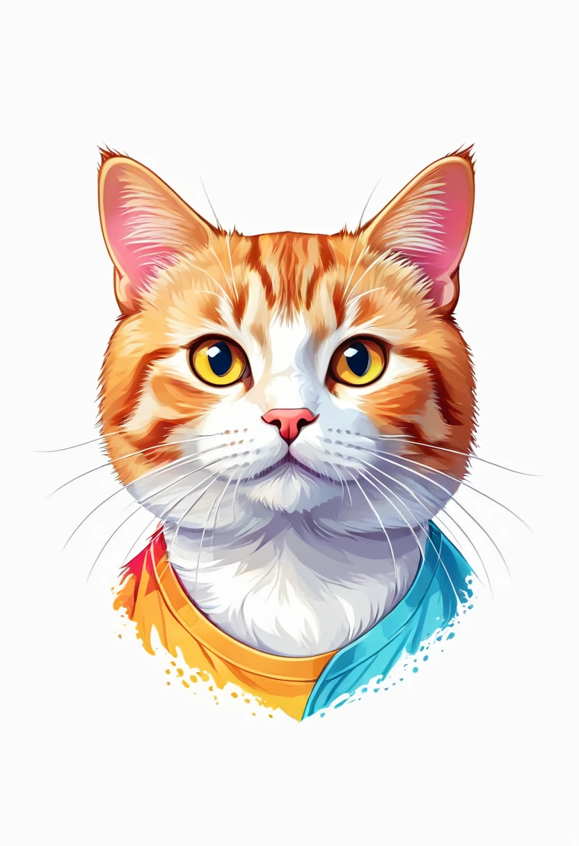 A t-shirt with graphic design art, flat illustration of a cute Asian cat, colorful tones, highly detailed cleanliness, imagem vectorial, photorealistic masterpiece, professional photograpy, plain white background, isometric, Vibrant, vector