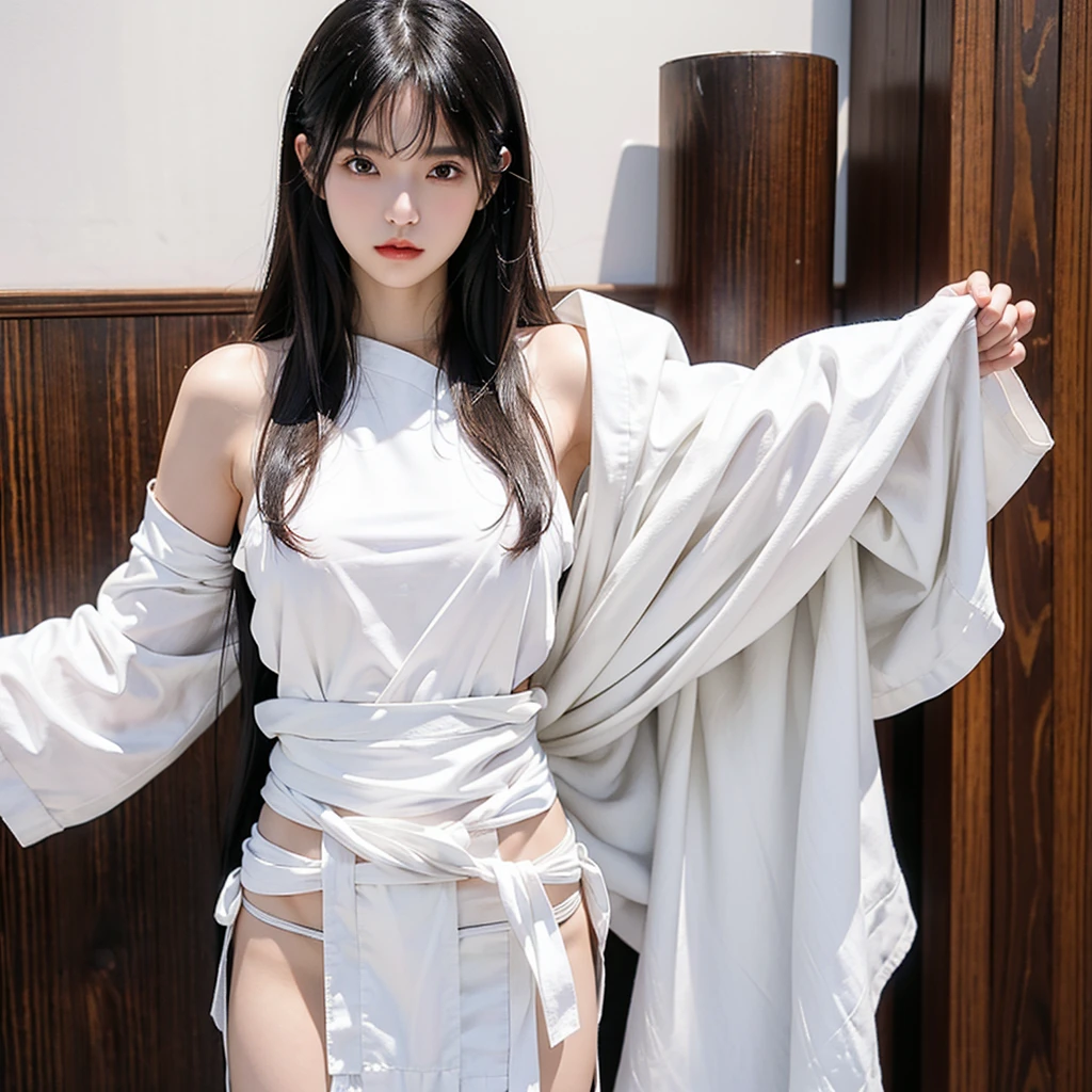 日本people、1people、The most beautiful woman、clear、Shiny black hair、Photo Style、length, bangs、light makeup、Standard face、(((Wearing a white Etchu loincloth)))、((Light clothing:0.5))、(She is hiding her breasts by wrapping a cloth around her chest.)、Summer festival、Showing off her ass, (((The lower half of the body is covered only with a loincloth))), Sacrificial Ritual、32k, Raw photo、Highest quality、Full body image