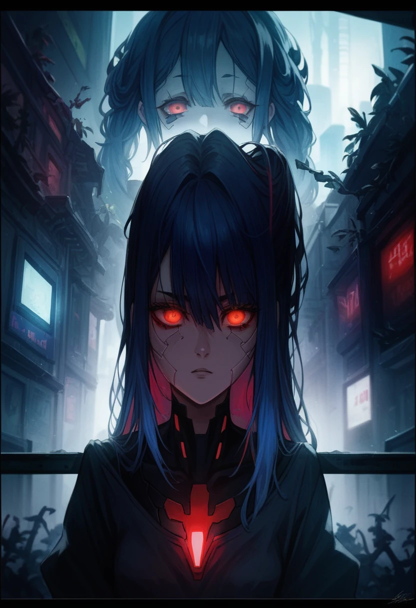 anime girl with blue hair and red eyes standing in front of a building, with red glowing eyes, anime cyberpunk art, anime style 4 k, epic anime style, badass anime 8 k, digital cyberpunk anime art, with glowing red eyes, digital cyberpunk - anime art, 4k anime wallpaper, gothic maiden anime girl, nightcore, demon anime girl, cyberpunk anime art