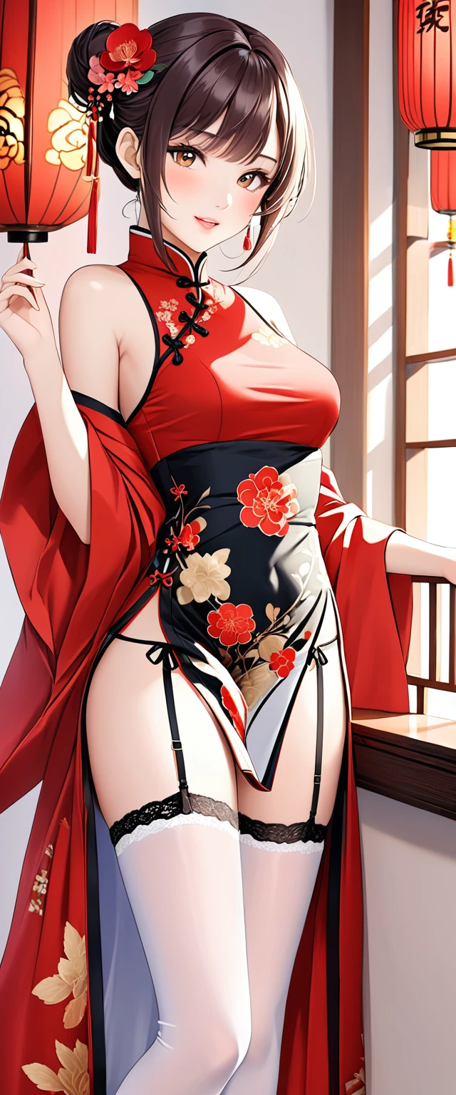 high resolution, adult woman , good lighting, despicable, , (no nudity), (((chinese dress))), (()), ((())), (garter belt), just abdomen, (), , cute face, yo'I'm embarrassed and blushed, humiliating, ((Turn around and look back)), ((transparentes))()(T-back)(a large amount is in the body,)
