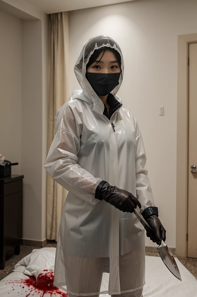 korean girl, (behind corpse, surgical mask), blood splatter, holding knife, stabbing, black gloves, room full of blood, transparent raincoat, hood up, holding knife, gloves, behind corpse, short hair, night, mass murderer, robbery, in the hotel,
