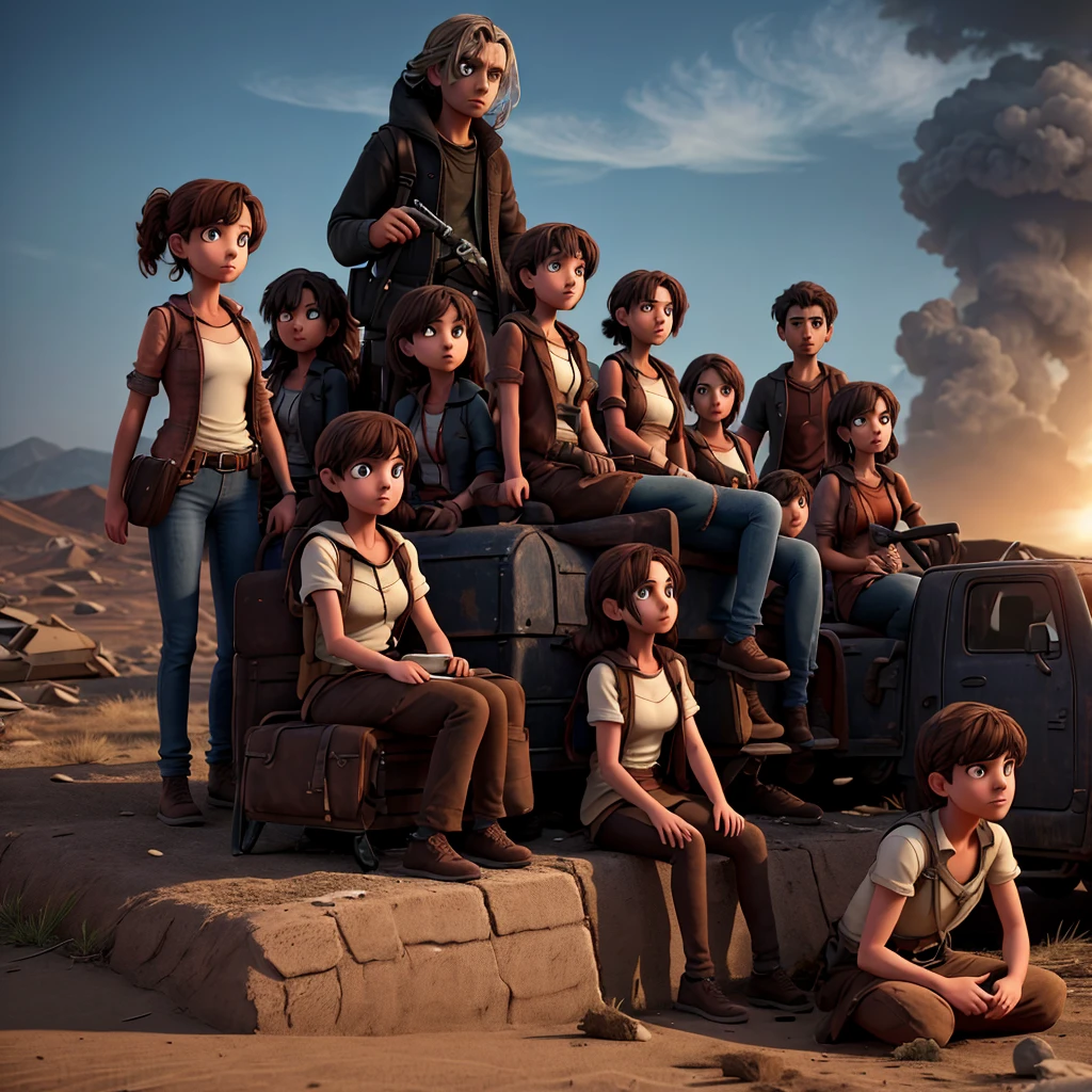 Create an image of an apocalypse with 4 people,3 women and a man in a group sitting 