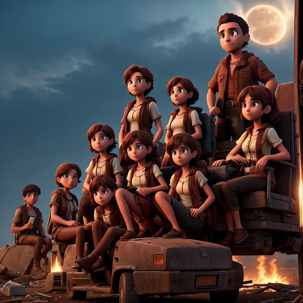 Create an image of an apocalypse with 4 people,3 women and a man in a group sitting