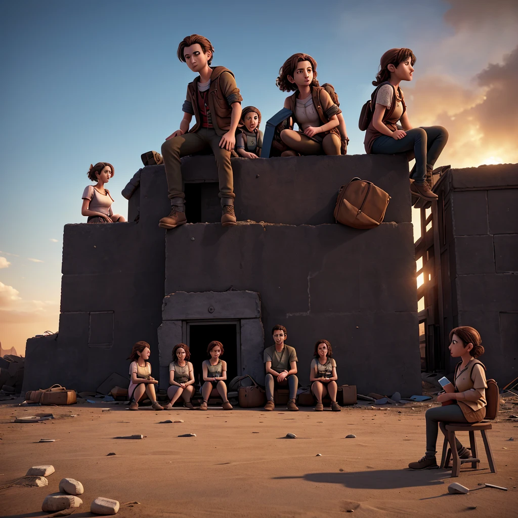 Create an image of an apocalypse with 4 people,3 women and a man in a group sitting