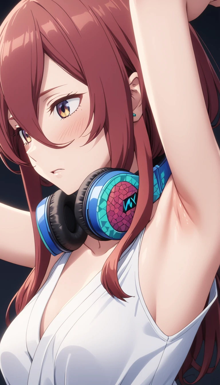 (Highest quality、Masterpiece、Very detailed、4K)、One Woman、17 years old、Brown Hair、short hair、(((Nakano Miku)))、headphone、chest、arm、Beautiful armpits
