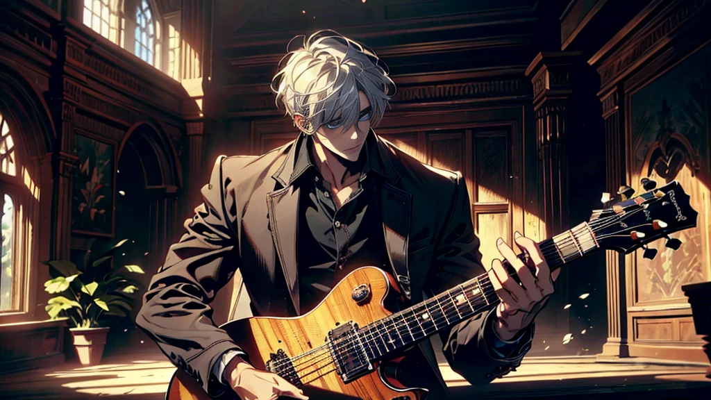 "best quality , High quality , The best details ,Portrait of a passionate guitarist,father, in the bedroom,A place where sunlight shines through , Create a play of light and shadow.. Guitarist holding a wooden guitar, inside the room, striking black shirt. Mesmerizing performance moments, Musicians immerse themselves in music.,beautiful sky,a young man,short hairstyle,(black short hair),handsome, blue eyes, handsome, father,Wear a wedding ring on the finger,wife,Another woman sits listening to music.,lover,White-haired woman, blue eyes"
