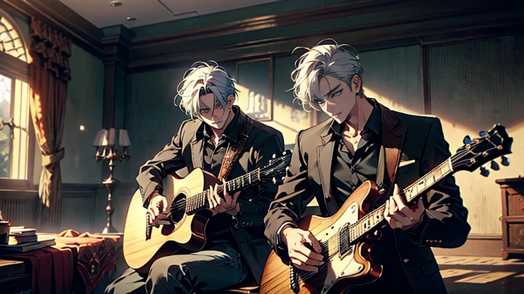 "best quality , High quality , The best details ,Portrait of a passionate guitarist,father, in the bedroom,A place where sunlight shines through , Create a play of light and shadow.. Guitarist holding a wooden guitar, inside the room, striking black shirt. Mesmerizing performance moments, Musicians immerse themselves in music.,beautiful sky,a young man,short hairstyle,(black short hair),handsome, blue eyes, handsome, father,Wear a wedding ring on the finger,wife,Another woman sits listening to music.,lover,White-haired woman, blue eyes"
