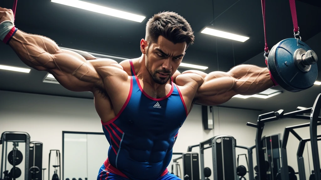 Image of a muscular man performing triceps pulley, with emphasis on triceps, in a modern gym with vibrant background. The expression of effort must be visible, highlighting the muscle definition of the triceps. Vibrant colors and dramatic lighting to highlight muscles.