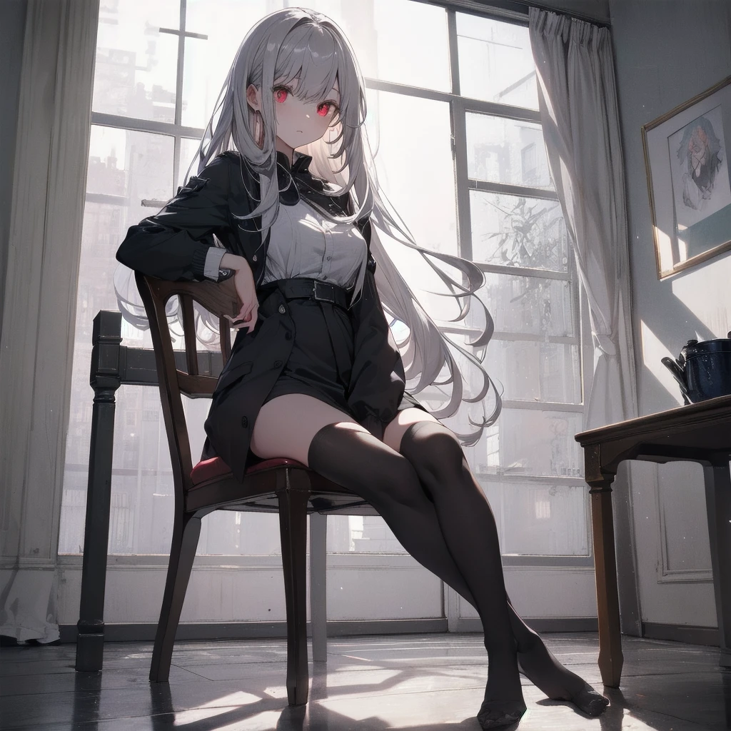 Mature white-haired female vampire,Tall posture,Full body on camera,Sitting on the throne,look down on all beings,Red glowing eyes,Huge multi-layered pupil with color gradient,black ta outfit,15D black stockings,No shoes,Sit with your legs up,Lean on the arm of a chair,Pupil Highlights,The characters are rich in detail,Delicate facial depiction,Delicate depiction of clothing,Delicate Gestures,Cold shades,Inside the pitch-black castle,Huge floor-to-ceiling glass windows,Icy moonlight lighting,Pitch black interior,Turn away from the light source,Backlight,Image sharpening,Very sharp,Clear lines,16K,Advanced photography,Rich in details