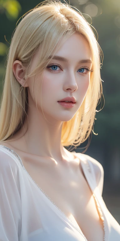 (best quality, height, realistic), Portrait, elegant woman, blue eyes,blonde hair, big breast, clear shirt, Look through the nipples., Special details cg 8k, beautiful CG, soft light