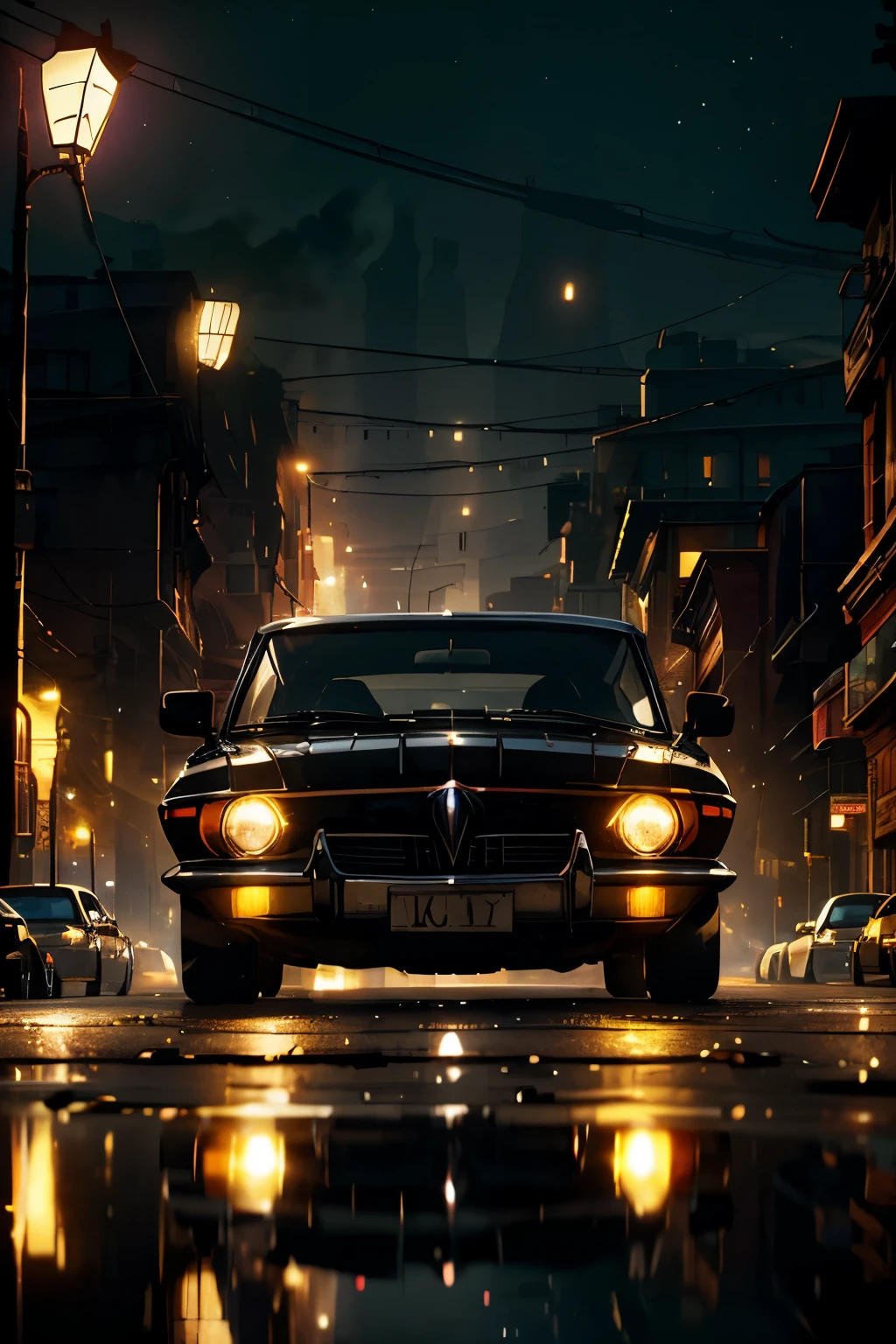 (Masterpiece), High Quality, 1 Car, Old Car, Black Car, (Center Position 1.0), City Lights, Night, (Street Lights Reflection on the Car:1.5), Detailed Car Body, Rusted Patina, Grime and Dust, (Shiny Headlights:1.5), City Skyline in the Background, (Highly Detailed Background:1.0), Cinematic Lighting, Dynamic Shadows, (Black and White Filter:1.0), Low Angle Shot, Focus on the Car, (High Quality Effects:1.0), Detailed Interior, Leather Seats Worn with Age, Dust Particles