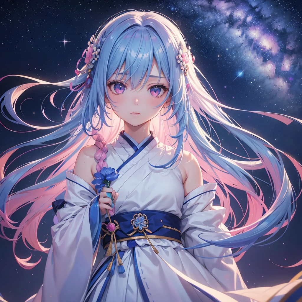 Sky blue hair,braid,(Pink Eyes),Fair skin ,(whole body),(One girl),Hanfu,Tanabata,(The beautiful, sparkling Milky Way in the night sky),Lonely Eyes,,(masterpiece, Highest quality, Very detailed, Best Shadow), (Detailed Background), (Beautifully detailed face), High Contrast, (Best lighting, Very delicate and beautiful), ((Cinematic Light)), colorful, Hyper Detail, Dramatic Light, Intricate details,