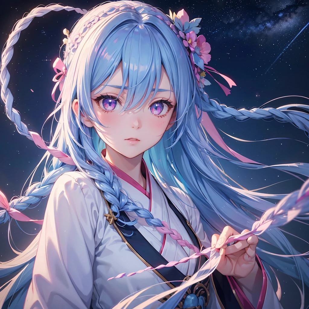 Sky blue hair,braid,(Pink Eyes),Fair skin ,(whole body),(One girl),Hanfu,Tanabata,(The beautiful, sparkling Milky Way in the night sky),Lonely Eyes,,(masterpiece, Highest quality, Very detailed, Best Shadow), (Detailed Background), (Beautifully detailed face), High Contrast, (Best lighting, Very delicate and beautiful), ((Cinematic Light)), colorful, Hyper Detail, Dramatic Light, Intricate details,