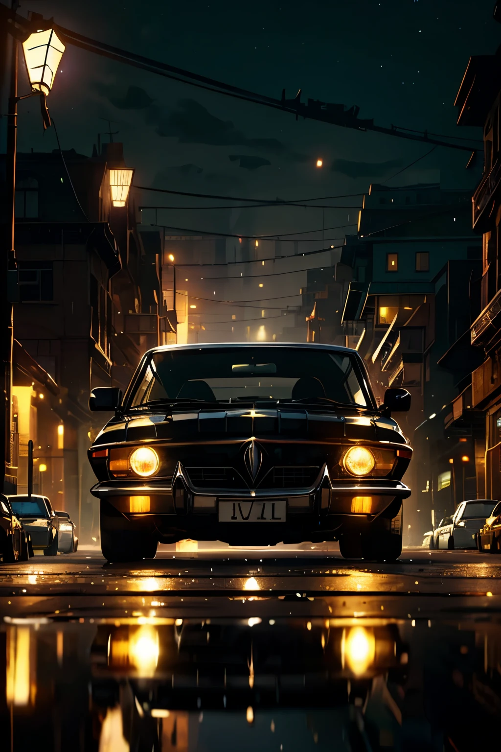 (Masterpiece), High Quality, 1 Car, Old Car, Black Car, (Center Position 1.0), City Lights, Night, (Street Lights Reflection on the Car:1.5), Detailed Car Body, Rusted Patina, Grime and Dust, (Shiny Headlights:1.5), City Skyline in the Background, (Highly Detailed Background:1.0), Cinematic Lighting, Dynamic Shadows, (Black and White Filter:1.0), Low Angle Shot, Focus on the Car, (High Quality Effects:1.0), Detailed Interior, Leather Seats Worn with Age, Dust Particles