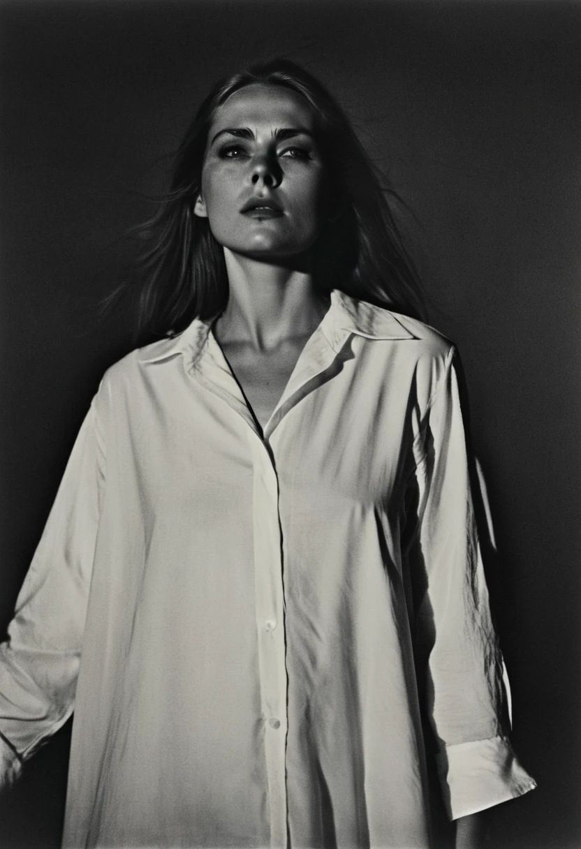 (dark mood masterpiece Photography by Mario Giacomelli:1.2), evil slavic woman, pale skin, long dark blond hair, Stunning b&w 35mm full body photo of a beautiful, perfecteyes, dark circles under eyes, highly detailed skin, (lightest freckles:0.9), standing in a casual pose with her hands on her nipples. wearing (wide-open:1.34) white_silk_shirt. unbuttoned shirt. (nipslip:1.4). a loose-fitting oversized men's unbuttoned shirt, open white business shirt. intricate poses by ruth bernhard. (Photography and style by ruth bernhard). 35mm, Hasselblad. capturing fashion-forward visuals, creating visual impact,evoking emotion,pushing creative boundaries. golden hour, shot from the side, playful pose, god rays,artistic photoshoot