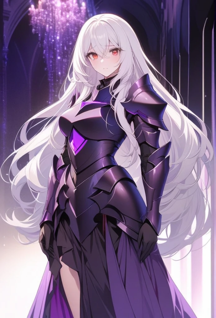 gorgeous, beautiful, cute, female adult woman, she has long hair and is wearing a dark purple knight armor, she has silver hair and red eyes, she is looking at the viewer, she has, no hair between her eyes, she is standing looking at the viewer, shy, whole body, covered in armor