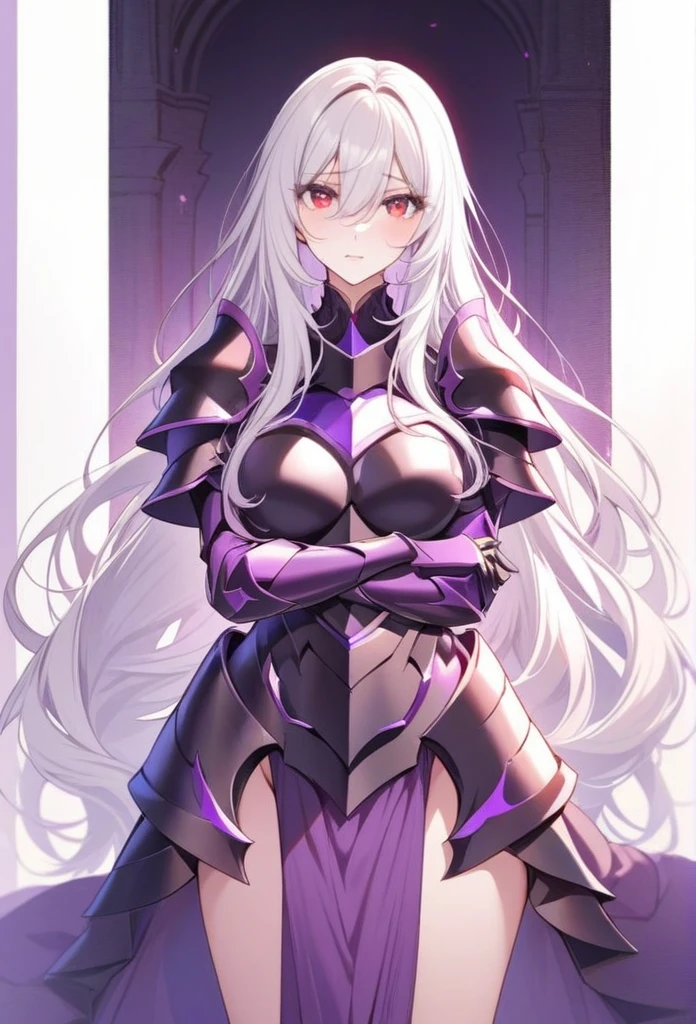 gorgeous, beautiful, cute, female adult woman, she has long hair and is wearing a dark purple knight armor, she has silver hair and red eyes, she is looking at the viewer, she has, no hair between her eyes, she is standing looking at the viewer, shy, whole body, covered in armor