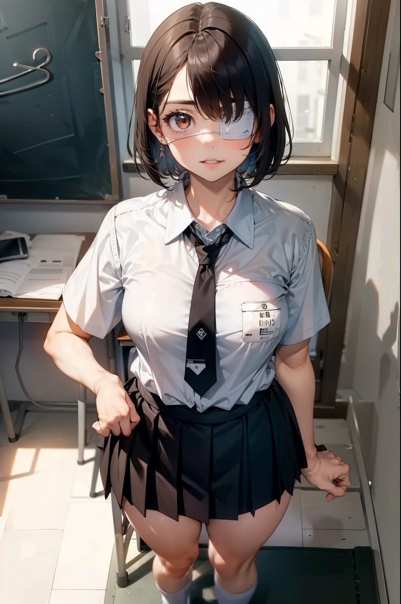 (masterpiece, best quality:1.2), nsfw, (1girl, solo), (black short hair, choppy hair, pixie hairstyle), (brown, lightless eyes, white medical eyepatch covering one eye), (school uniform, white shirt, necktie, sweater vest, pleated skirt), white sox, brown loafers, small breasts, curvy figure, slim waist, (standing in classroom, school chair, school desk)