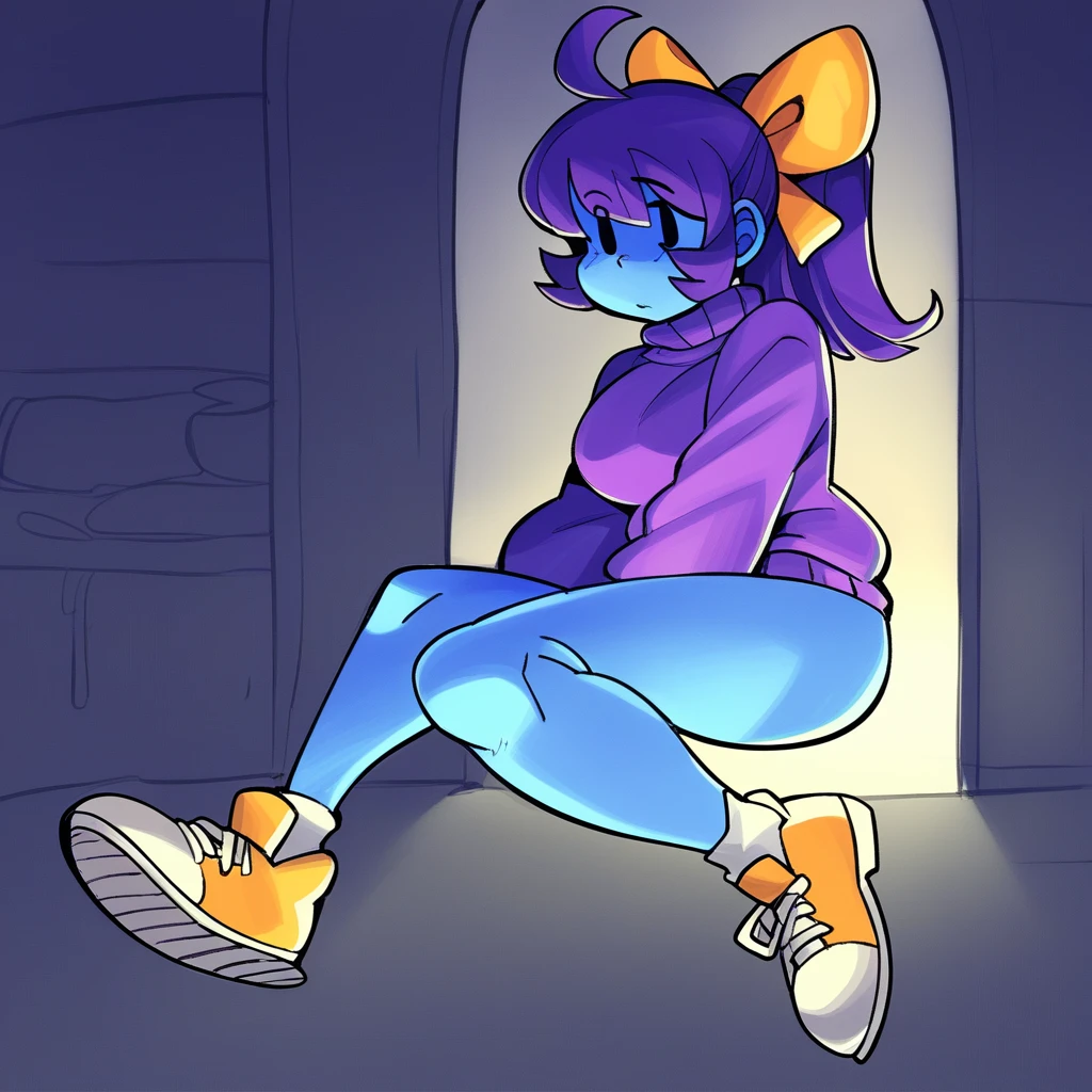PDXL, score_9_superior, score_8_superior, score_7_superior, Highest quality, masterpiece, sauce_anime, Dark Background, indoor, Dim lighting, Old house, night, Detailed Background, Break 1 Girl, alone, Marina_(/Noil/), Dot Eye, Ghost, Ghost girl, Purple Hair, ponytail, Blue Skin, Blue body, Purple Hair, bow, Purple Sweater, shoes下, shoes, Yellow sneakers, Bottomless, View your viewers, Poltergust_3000,