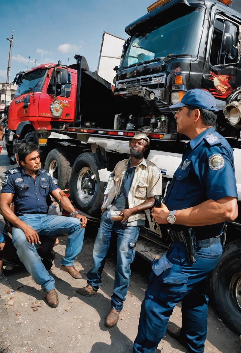 "The truck drivers, now seen as local heroes, are shown talking to the police and helping to dismantle the criminal operation. The image should convey a sense of accomplishment and justice, with police apprehending the drug dealers in the background."