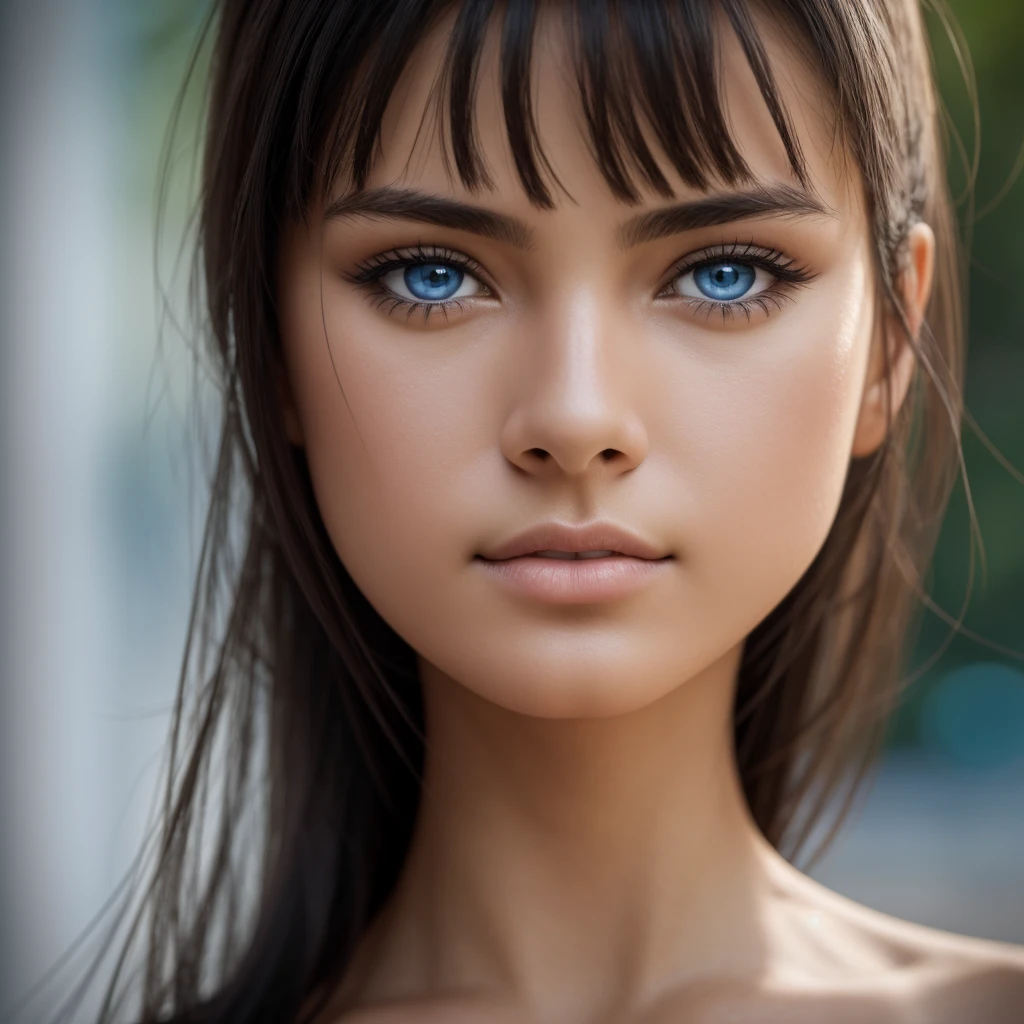 realistic, detailed, realistic details, intricate detail, break,, 1girl, solo, latina, brunette, extremely beautiful, cute, detailed face, detailed skin complexion, beautiful blue eyes, parted lips, seductive, medium hair, , break,, simple background,, break,, portrait, f1.4/35mm, perspective, depth of field, proportion, focus on face, blurry background, bokeh, sharp focus, depth and dimension, proportion, rule of third, break