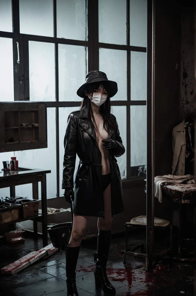 korean naked girl, (behind corpse, surgical mask), holding knife, stabbing, black leather gloves, room full of blood, black trench coat, bucket hat, underground, holding knife, black gloves, behind corpse, blood splatter, very long hair, night, mass murderer, robbery, in the hotel, dark atmosphere, cinematic lighting, atmospheric realistic,