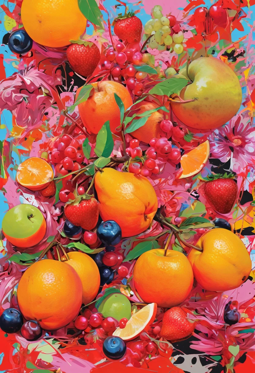 Graffiti, scribble, Comics by Petra Cortright, best quality, masterpiece, Fruits artwork, Representative work, official art, Professional, Ultra intricate detailed, 8k, Fruits art, colourful background